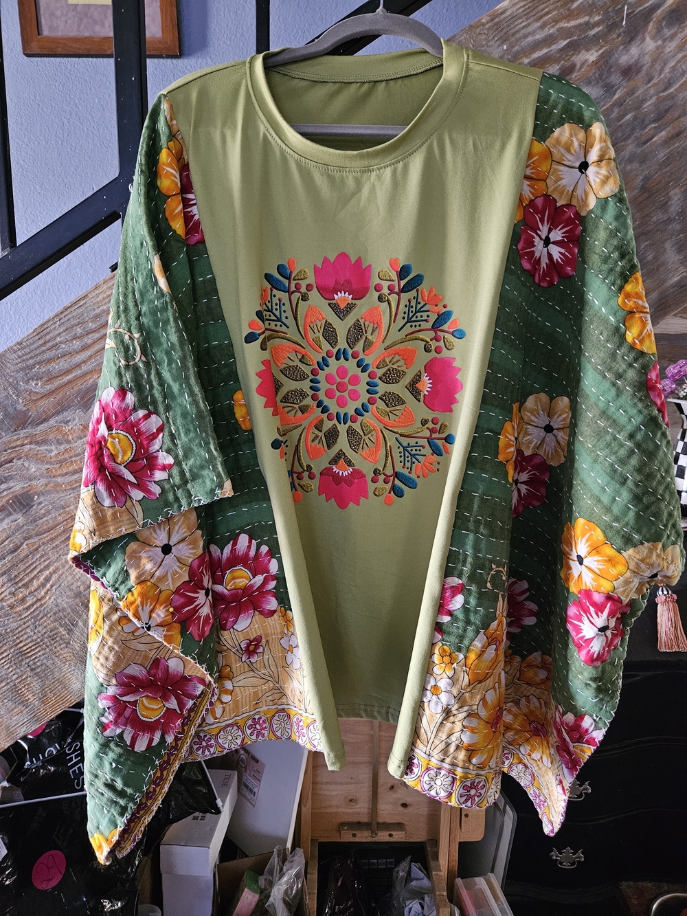 Green Floral Boho Kantha Sleeves with Mandala Tee